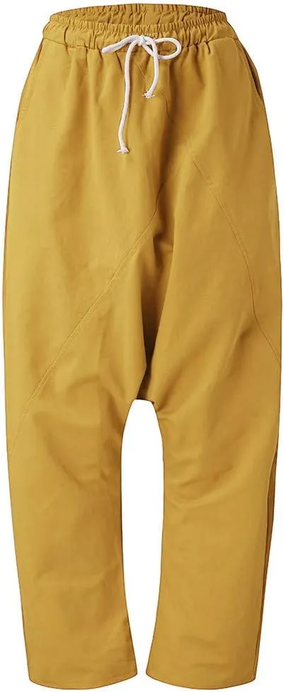 WABEOR Drop Crotch Pants Women Cotton Hippie Baggy Harem Pants Loose Fit Patchwork Pants Casual Summer Elastic Waist Trousers