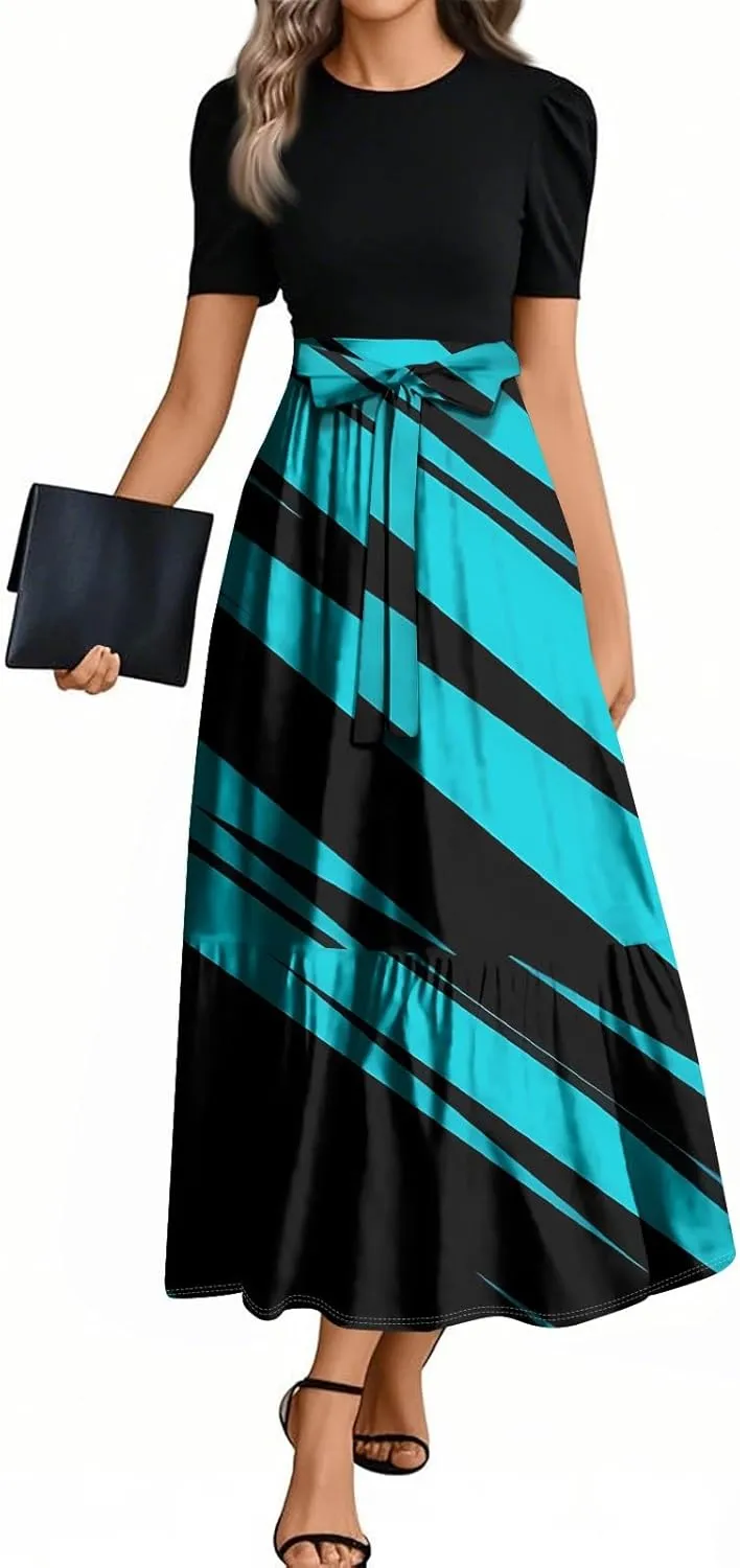 Wedding Guest Dresses for Women Summer Short Sleeve Floral Long Dress Elegant Party Cocktail A Line Flowy Maxi Dress