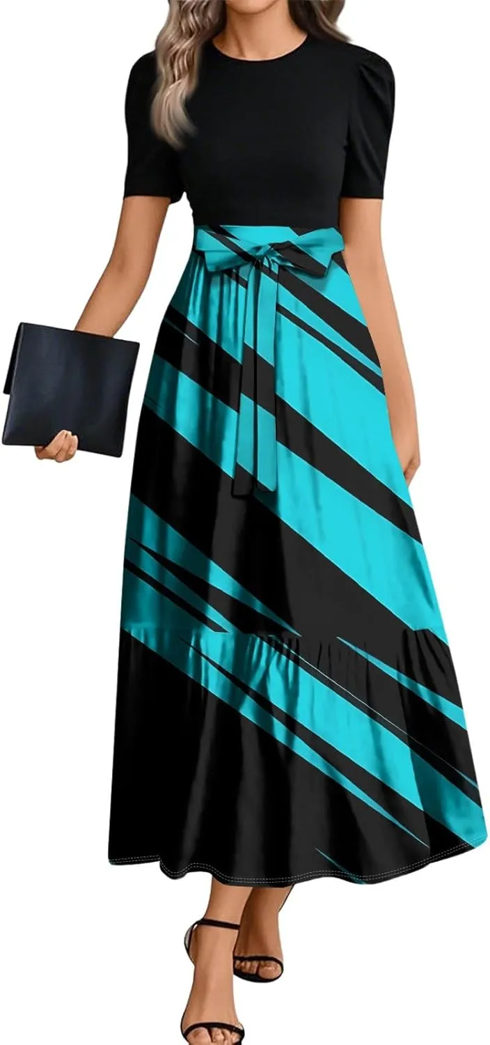 Wedding Guest Dresses for Women Summer Short Sleeve Floral Long Dress Elegant Party Cocktail A Line Flowy Maxi Dress