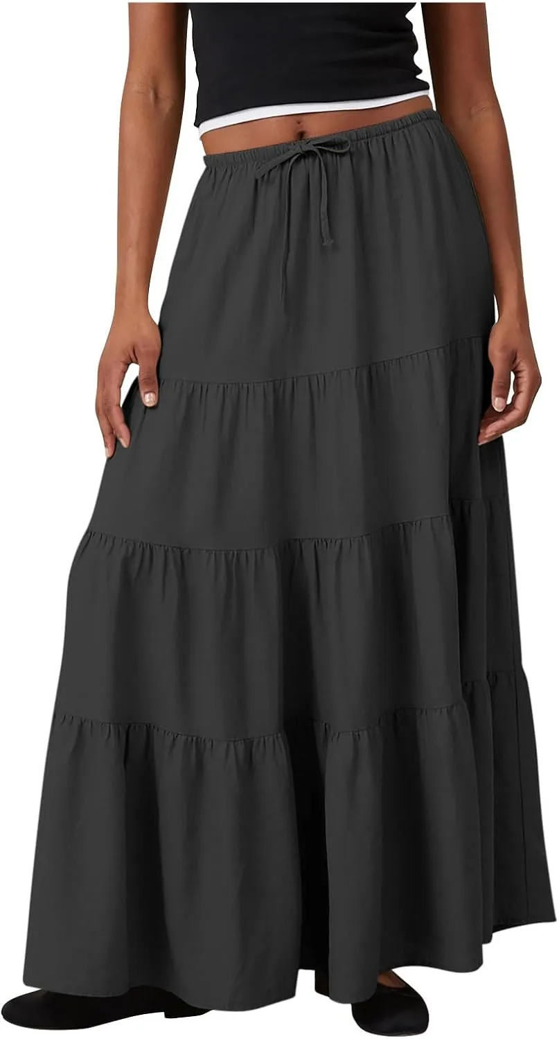 Women Boho Skirts Flowy Ruffle Skirts Long A Line Beach Skirt Vacation Maxi Skirts Casual Summer Outfit Pleated Skirt