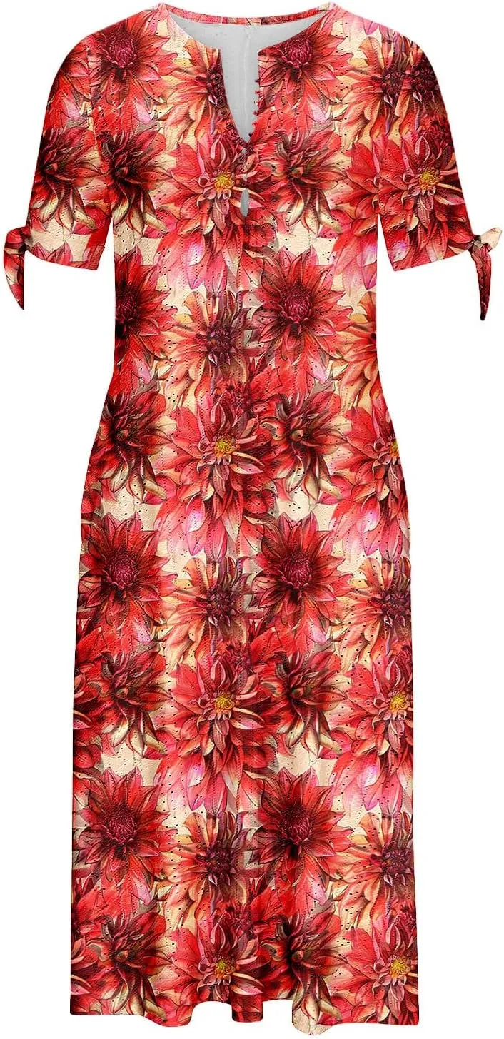 Women Maxi Dresses Trendy Eyelet Floral Print Sundress Summer Beach Vacation Tshirt Dress Short Sleeve Casual Clothes