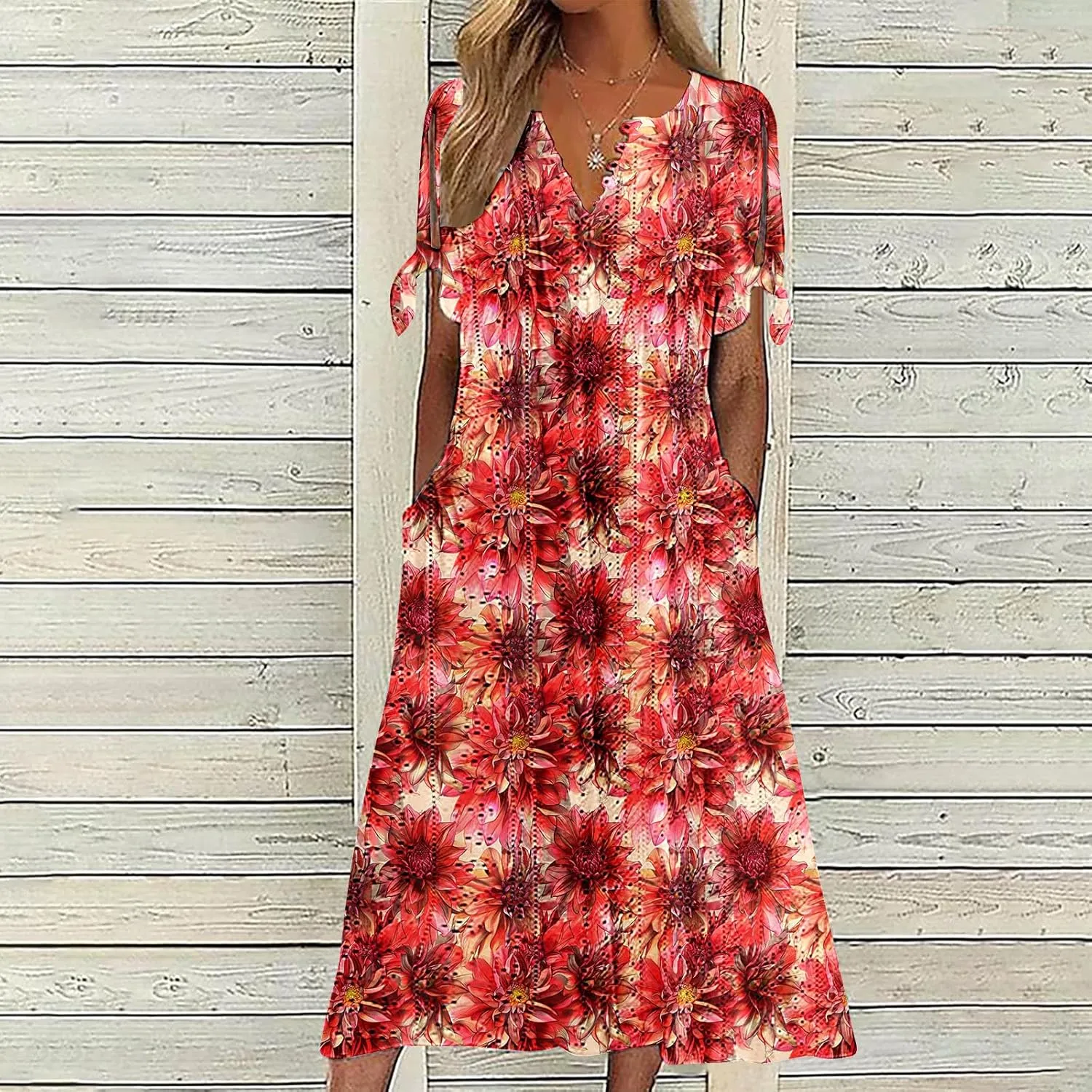 Women Maxi Dresses Trendy Eyelet Floral Print Sundress Summer Beach Vacation Tshirt Dress Short Sleeve Casual Clothes