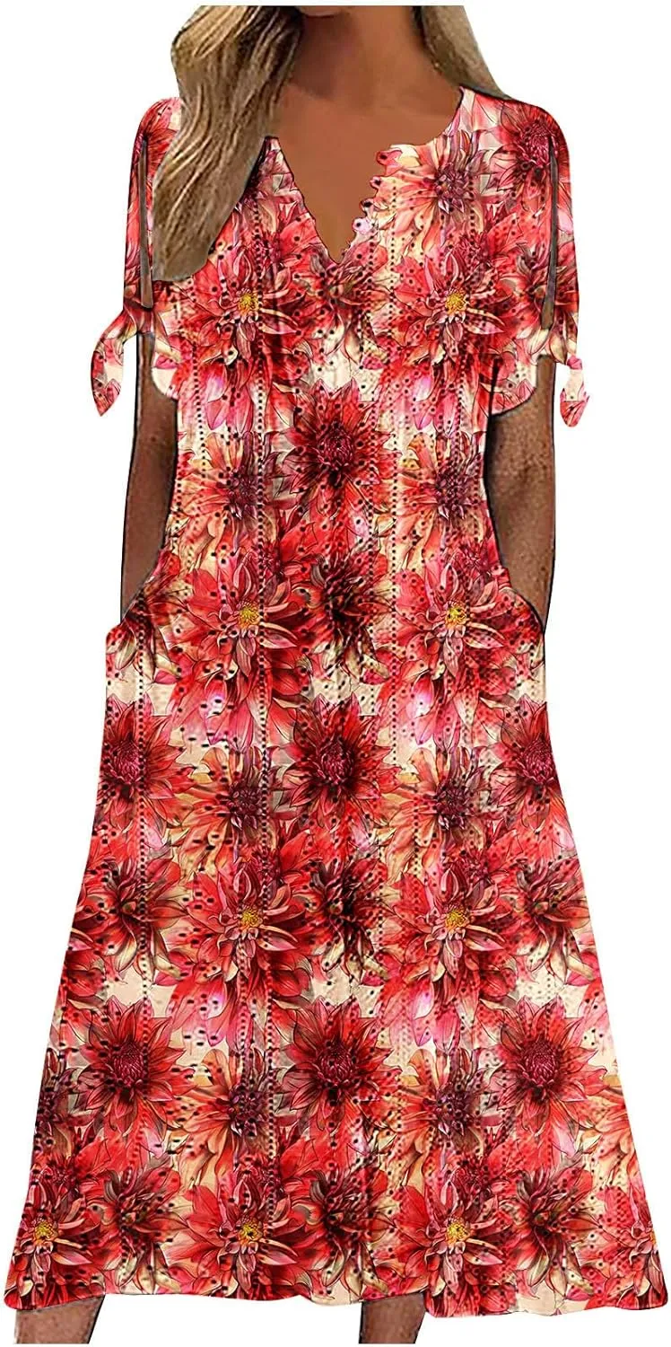 Women Maxi Dresses Trendy Eyelet Floral Print Sundress Summer Beach Vacation Tshirt Dress Short Sleeve Casual Clothes