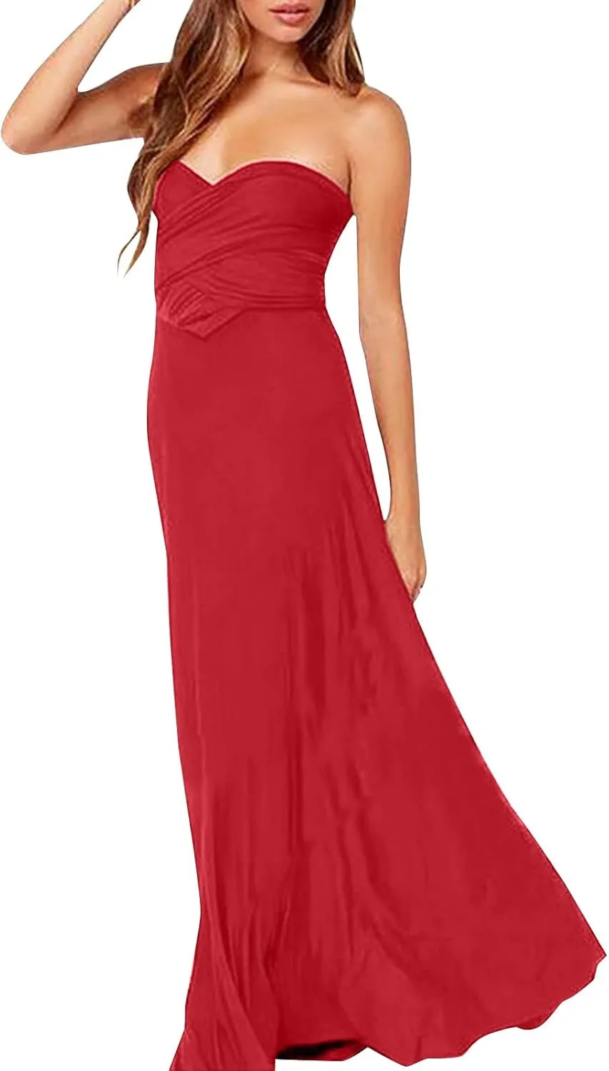 Women Strapless Tube Top Dress Summer Smocked Flowy Midi Wedding Guest Long Maxi Dress Convertible Multiway Outfits