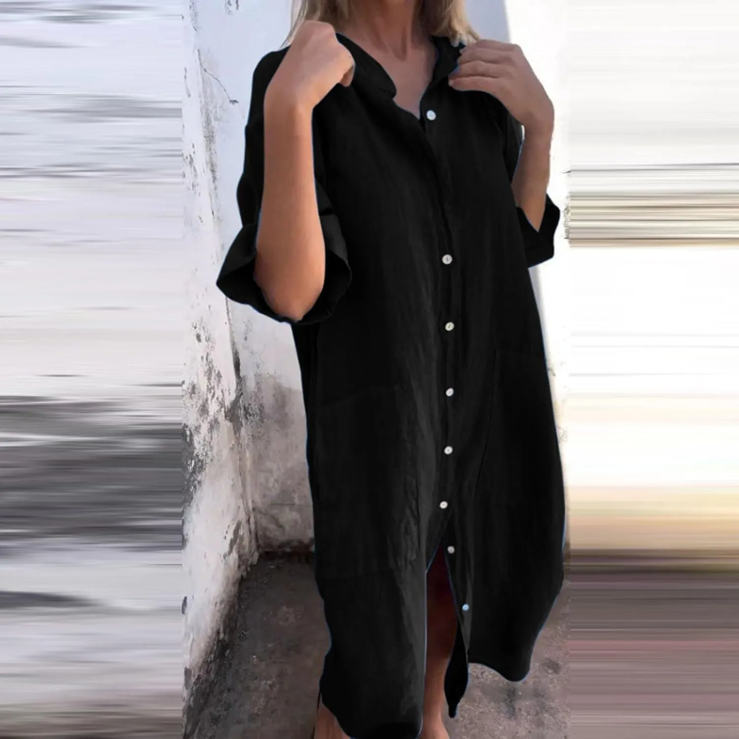 Womens Button Down Rolled-Up Sleeve Long Cotton Linen Blouse Maxi Dress Loose Casual Shirt Swimsuit Cover Up Dresses