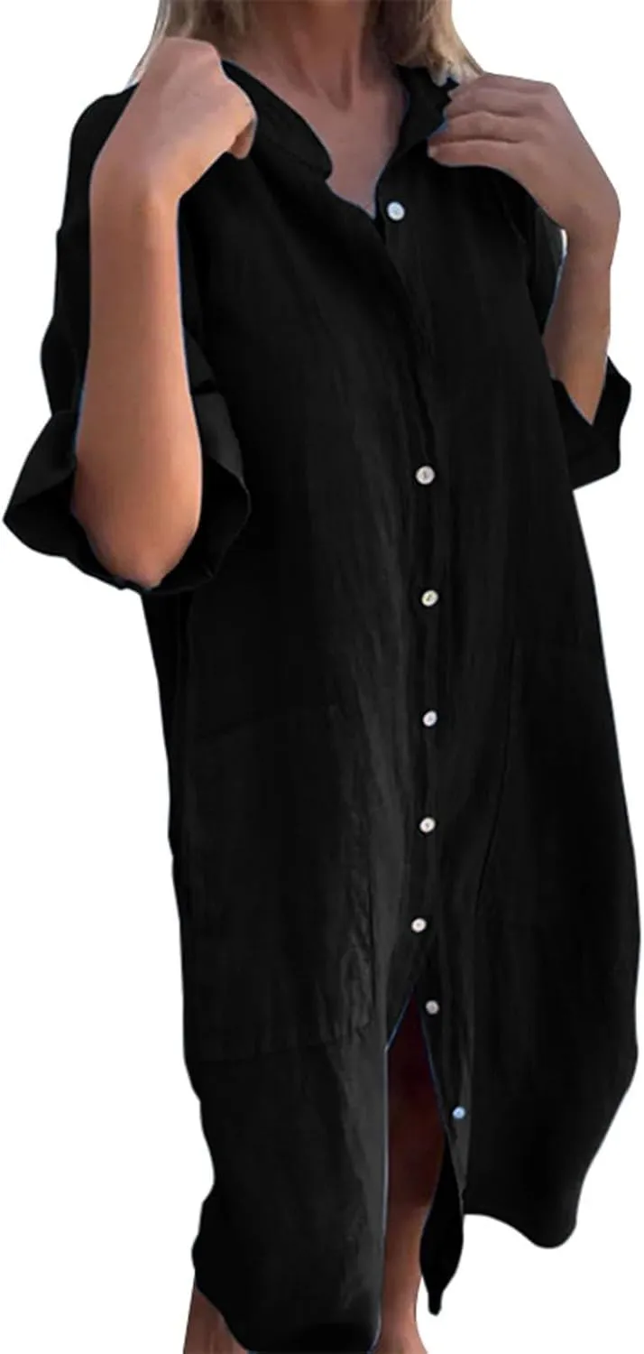 Womens Button Down Rolled-Up Sleeve Long Cotton Linen Blouse Maxi Dress Loose Casual Shirt Swimsuit Cover Up Dresses