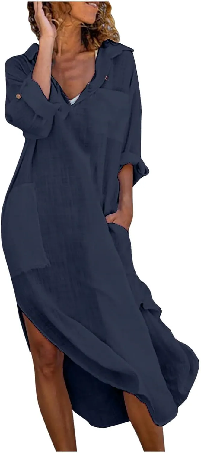Womens Button Down Shirt Dress Summer Cotton Linen Casual Loose Maxi Dresses Beach Breathable Vacation Flowy Dresses