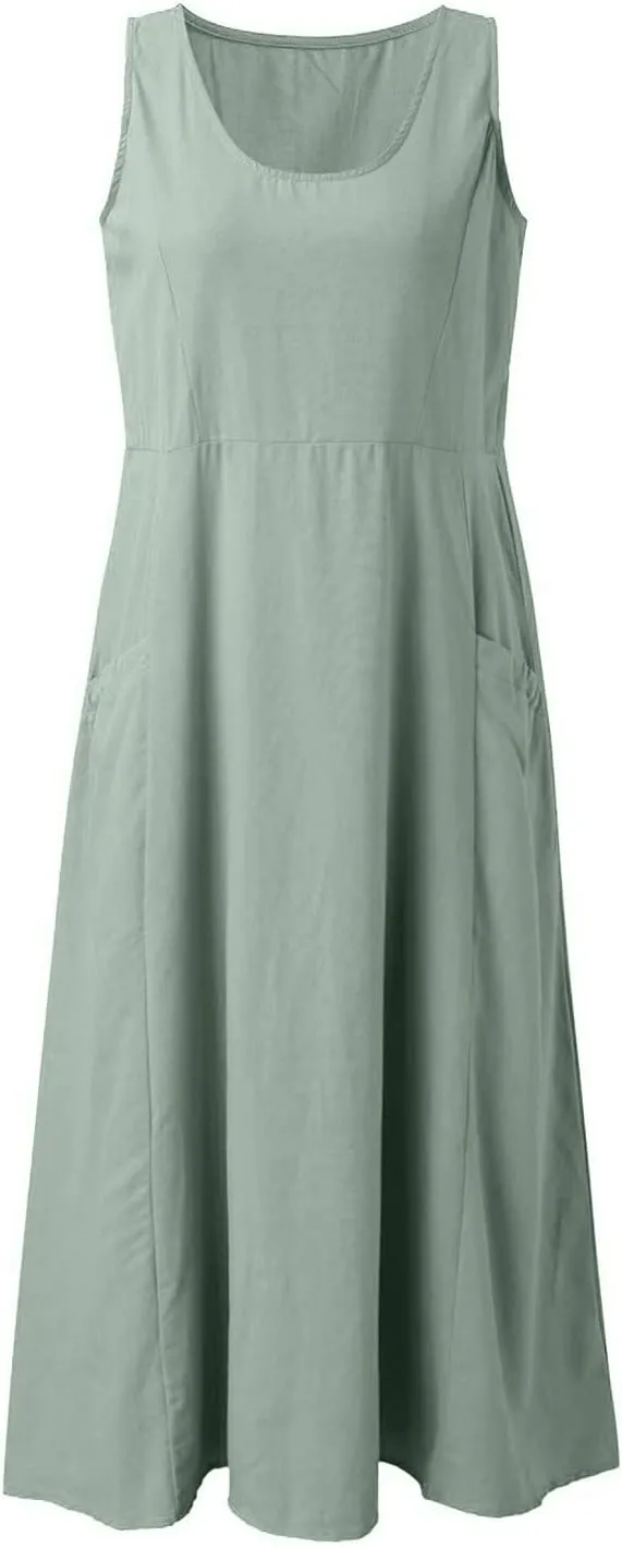Womens Linen Maxi Dress Sleeveless V Neck Flowy Beach Dresses Summer Casual Loose Sundress Plus Size Boho Dresses with Pocket