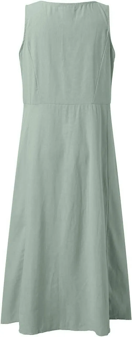 Womens Linen Maxi Dress Sleeveless V Neck Flowy Beach Dresses Summer Casual Loose Sundress Plus Size Boho Dresses with Pocket