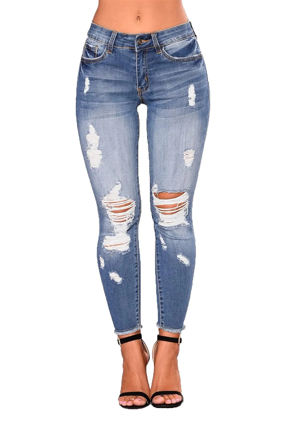 Women's Ripped Boyfriend Jeans Stretch Jeans Stretchy Ripped Hole Skinny Jeans Butt Lifting Distressed Denim Pants (Large,02 Light Blue)