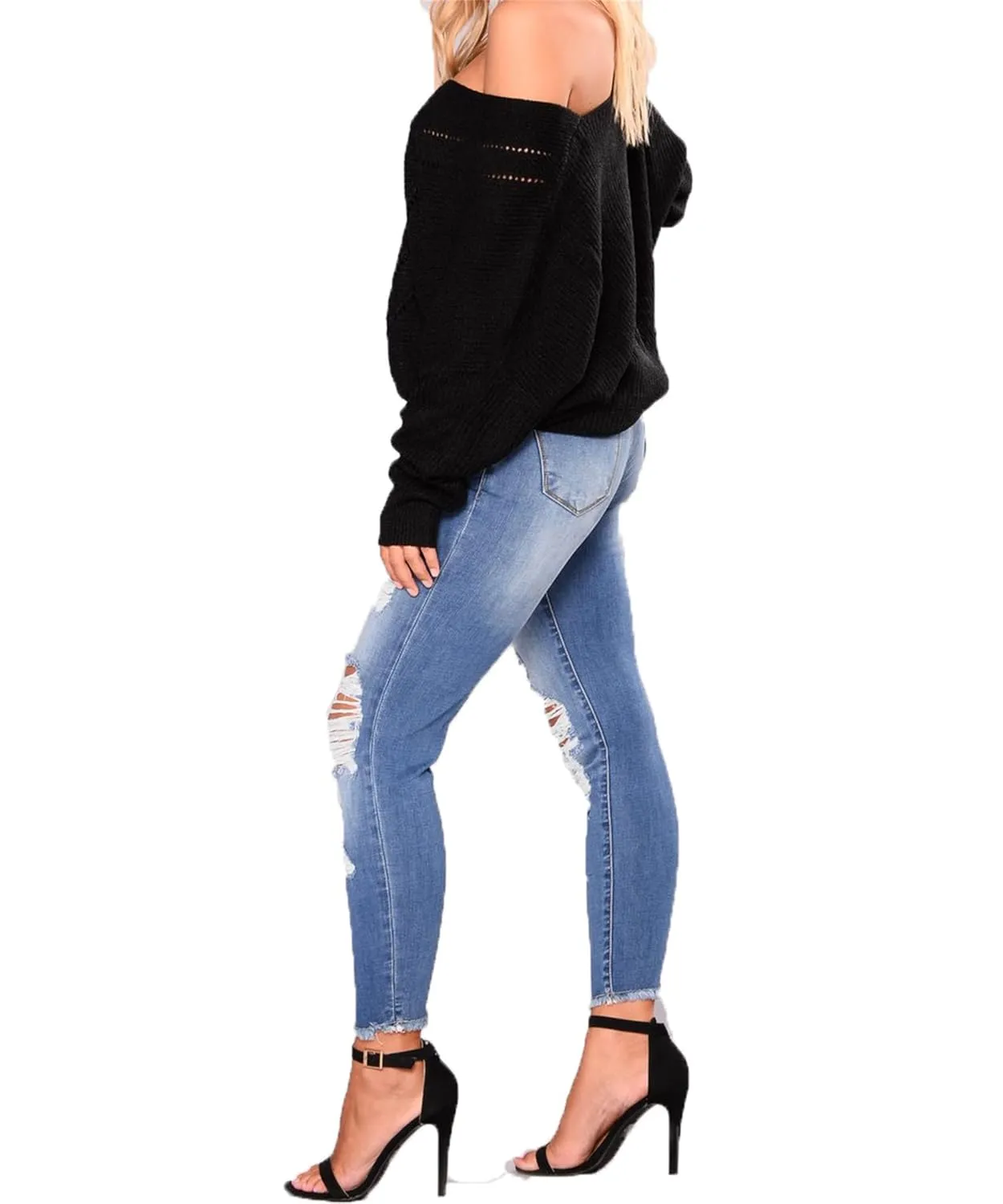 Women's Ripped Boyfriend Jeans Stretch Jeans Stretchy Ripped Hole Skinny Jeans Butt Lifting Distressed Denim Pants (Large,02 Light Blue)