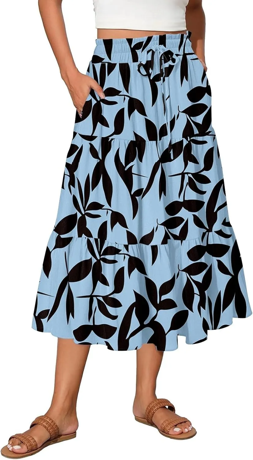 Womens Ruffled Tiered Floral Midi Skirts Casual High Waist Flowy Swing Dress 2025 Summer Boho Long Skirt with Pockets