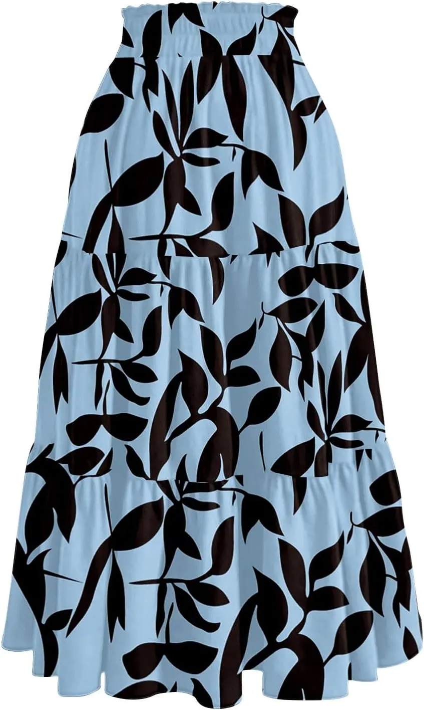 Womens Ruffled Tiered Floral Midi Skirts Casual High Waist Flowy Swing Dress 2025 Summer Boho Long Skirt with Pockets