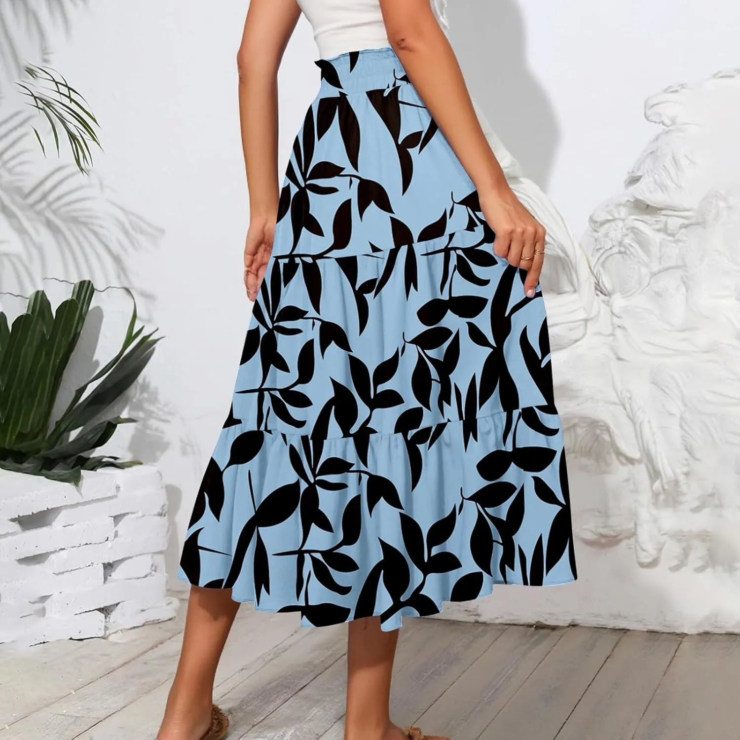 Womens Ruffled Tiered Floral Midi Skirts Casual High Waist Flowy Swing Dress 2025 Summer Boho Long Skirt with Pockets