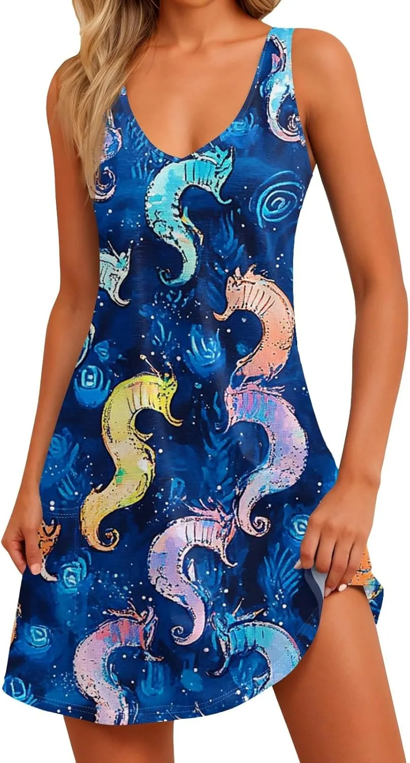 Womens Summer Dresses Beach V Neck Swimsuit Coverup Vacation Casual Dress with Pocket 2025 Printed Sundress