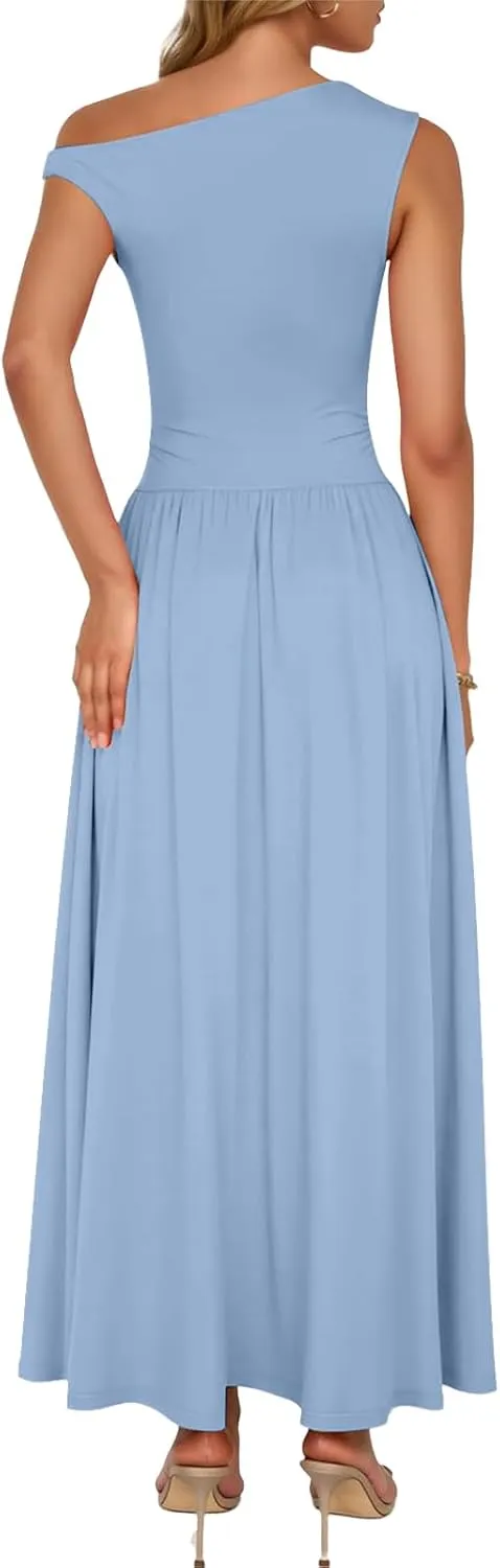 Womens Summer Maxi Dress One Shoulder Sleeveless Pleated Dress Dressy Slim Wedding Guest Long Dresses with Pockets