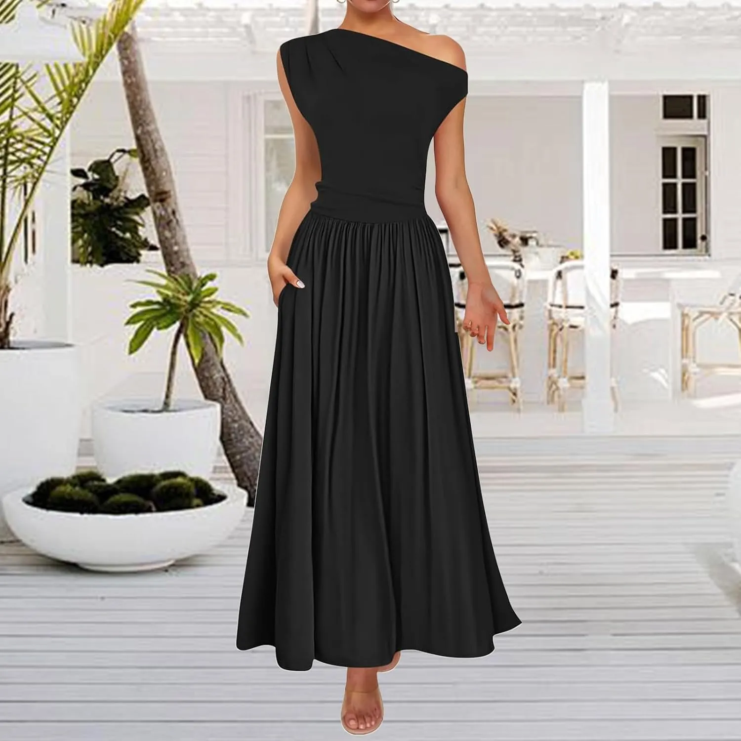 Womens Summer Maxi Dress One Shoulder Sleeveless Pleated Dress Dressy Slim Wedding Guest Long Dresses with Pockets