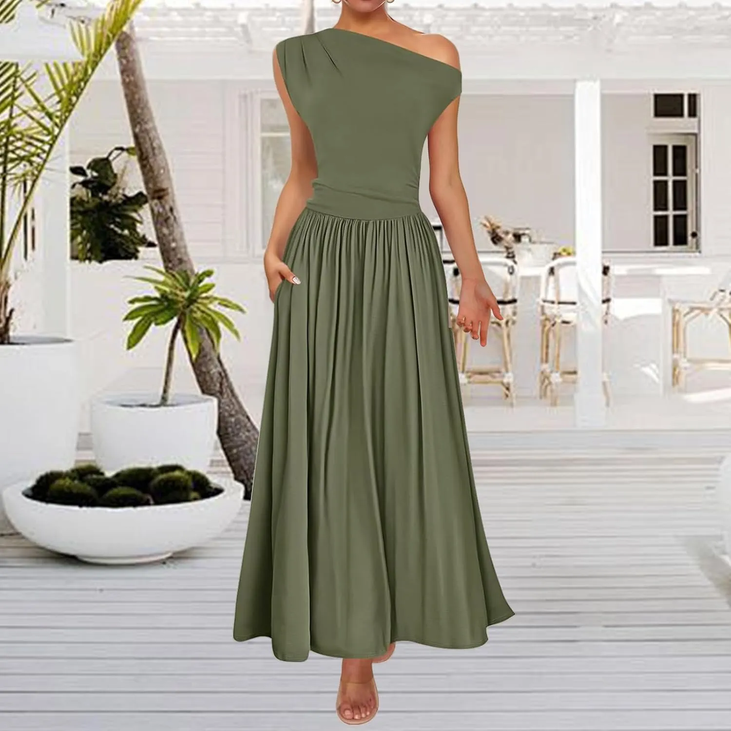 Womens Summer Maxi Dress One Shoulder Sleeveless Pleated Dress Dressy Slim Wedding Guest Long Dresses with Pockets