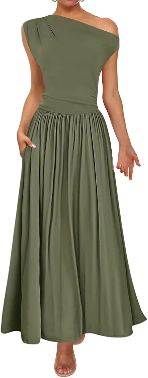 Womens Summer Maxi Dress One Shoulder Sleeveless Pleated Dress Dressy Slim Wedding Guest Long Dresses with Pockets