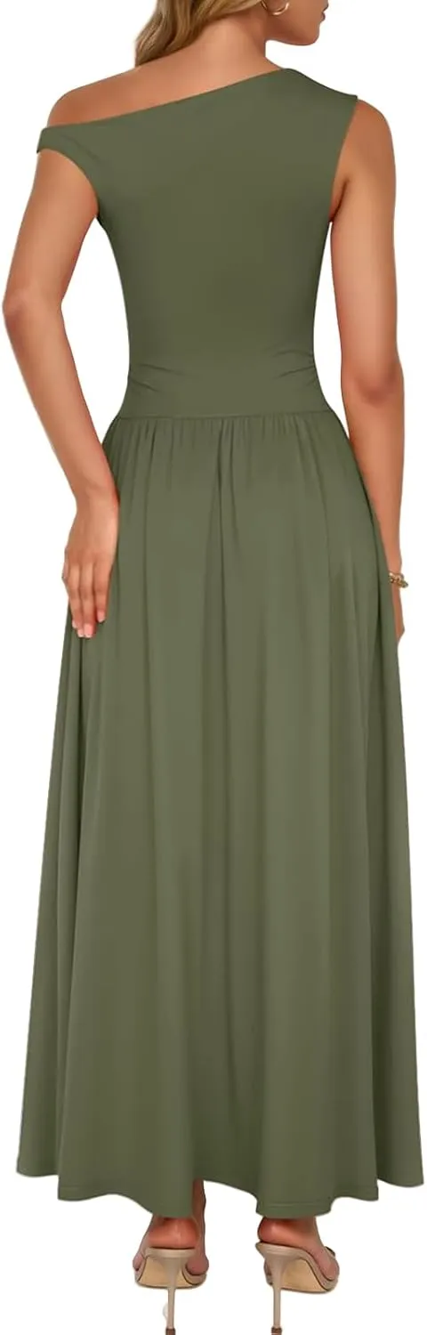 Womens Summer Maxi Dress One Shoulder Sleeveless Pleated Dress Dressy Slim Wedding Guest Long Dresses with Pockets
