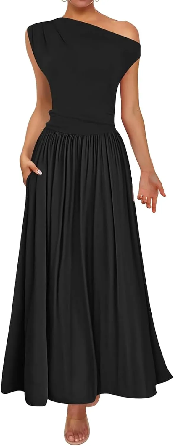 Womens Summer Maxi Dress One Shoulder Sleeveless Pleated Dress Dressy Slim Wedding Guest Long Dresses with Pockets
