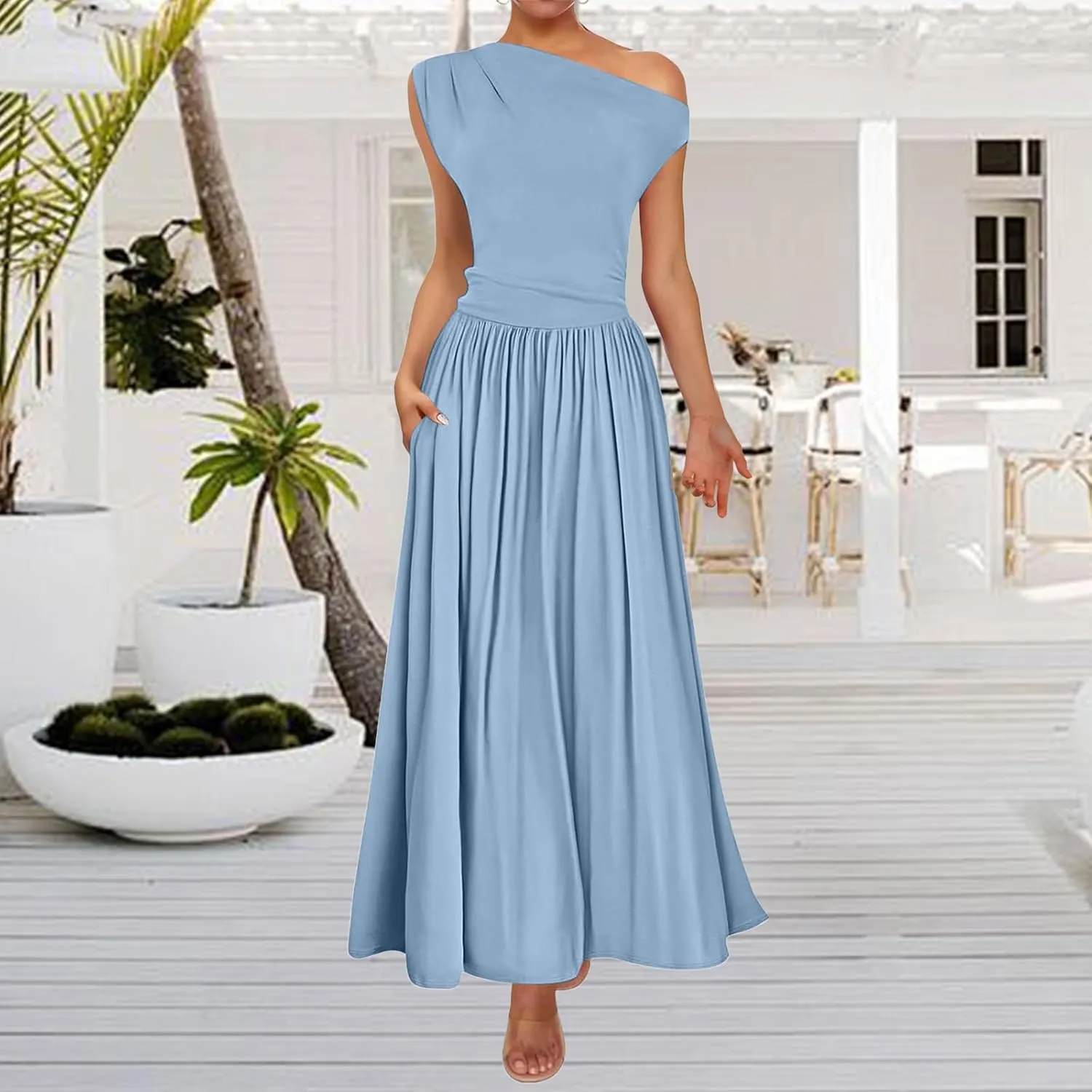 Womens Summer Maxi Dress One Shoulder Sleeveless Pleated Dress Dressy Slim Wedding Guest Long Dresses with Pockets