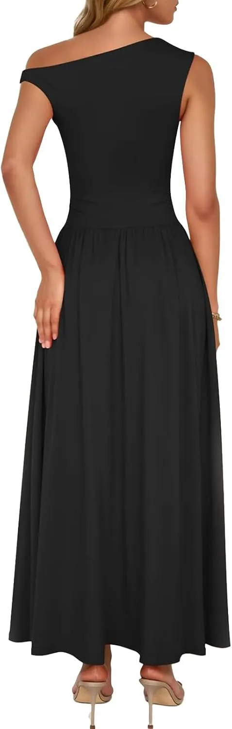 Womens Summer Maxi Dress One Shoulder Sleeveless Pleated Dress Dressy Slim Wedding Guest Long Dresses with Pockets
