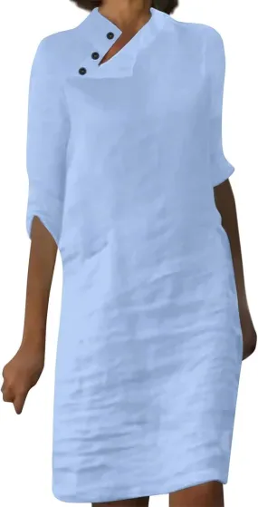 Women's Summer Midi Shirt Dresses Casual Linen Button Down 1/2 Sleeve Dress Solid Color Knee Length Lightweight Dress
