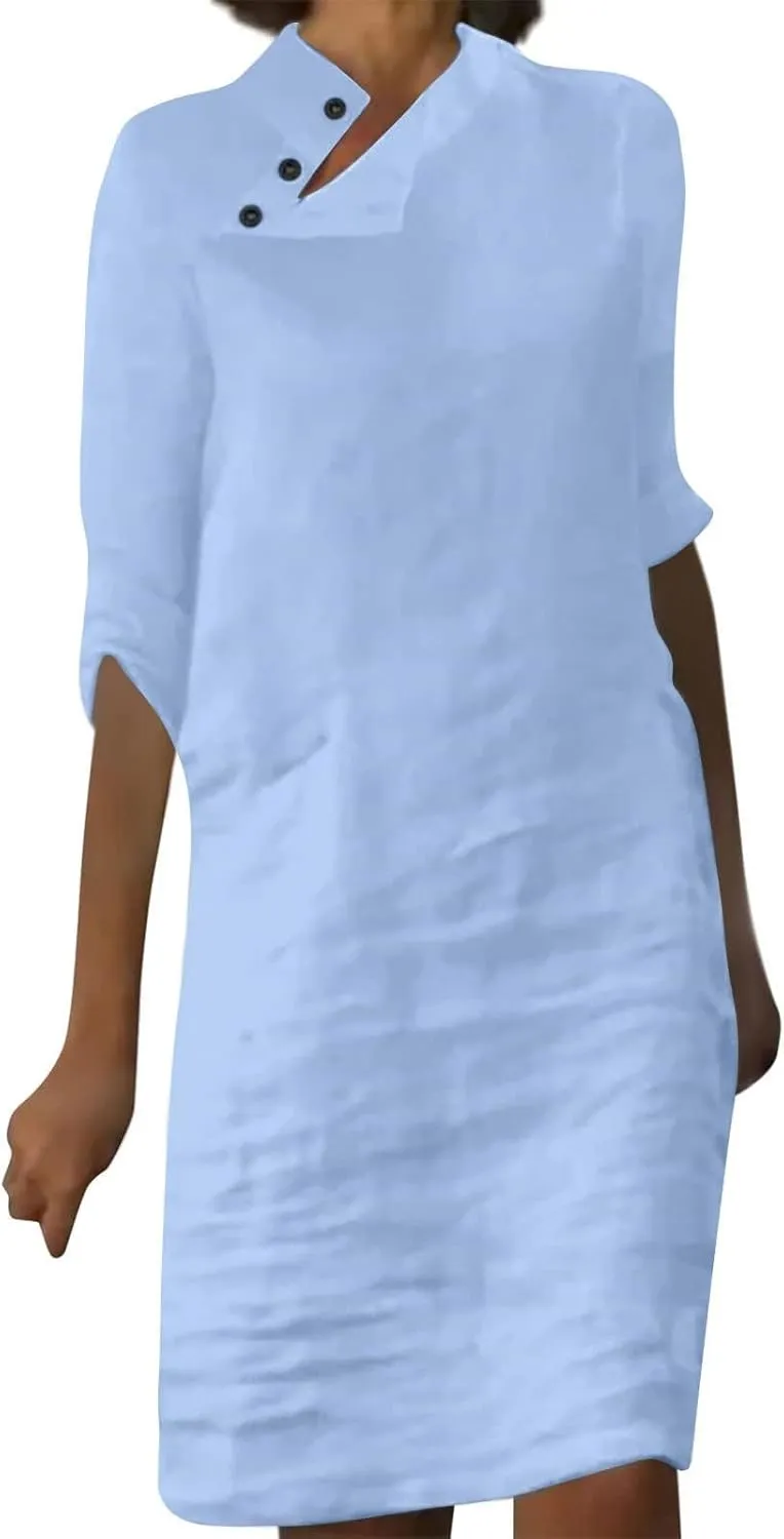 Women's Summer Midi Shirt Dresses Casual Linen Button Down 1/2 Sleeve Dress Solid Color Knee Length Lightweight Dress