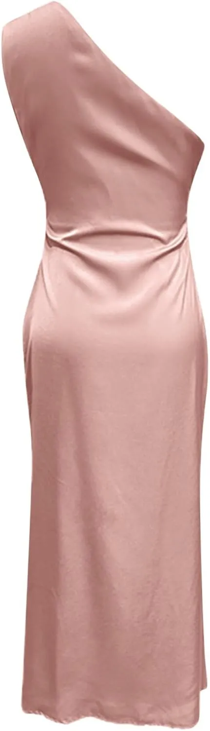 Women's Temperament Slim Fit One Shoulder Style Slit Sexy Satin Dress Body Midi Dresses for Women
