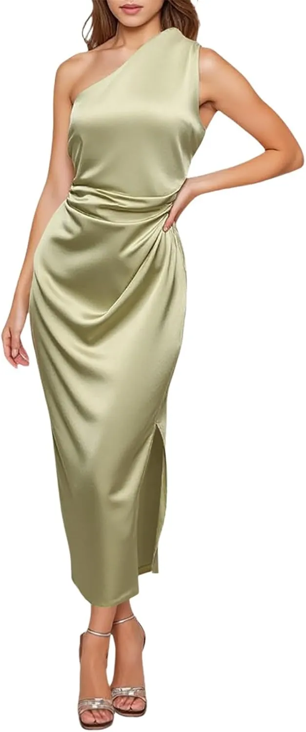 Women's Temperament Slim Fit One Shoulder Style Slit Sexy Satin Dress Body Midi Dresses for Women