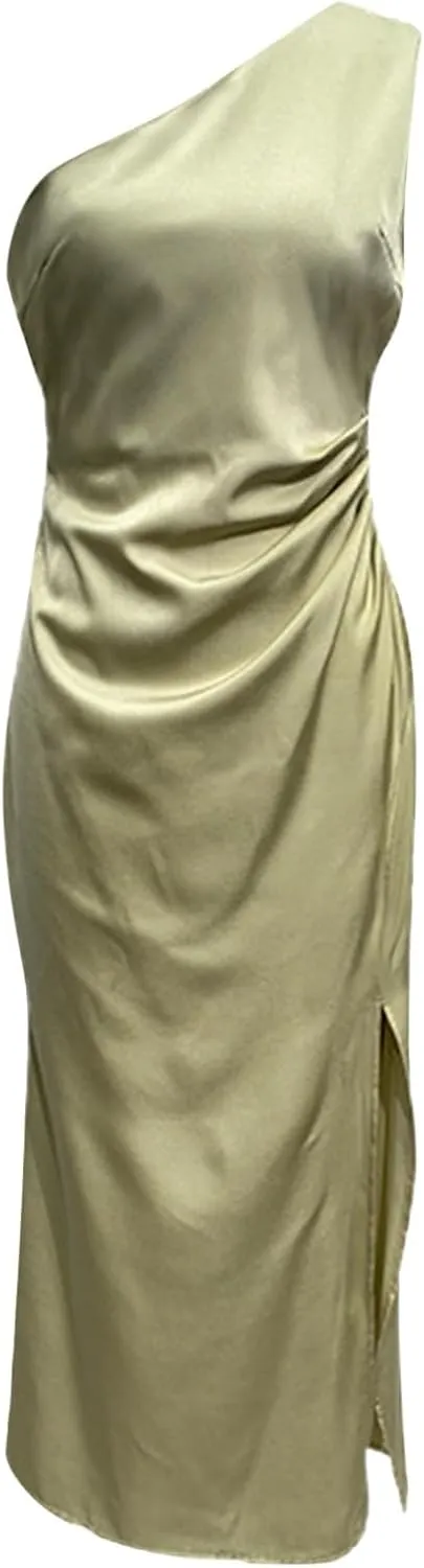 Women's Temperament Slim Fit One Shoulder Style Slit Sexy Satin Dress Body Midi Dresses for Women