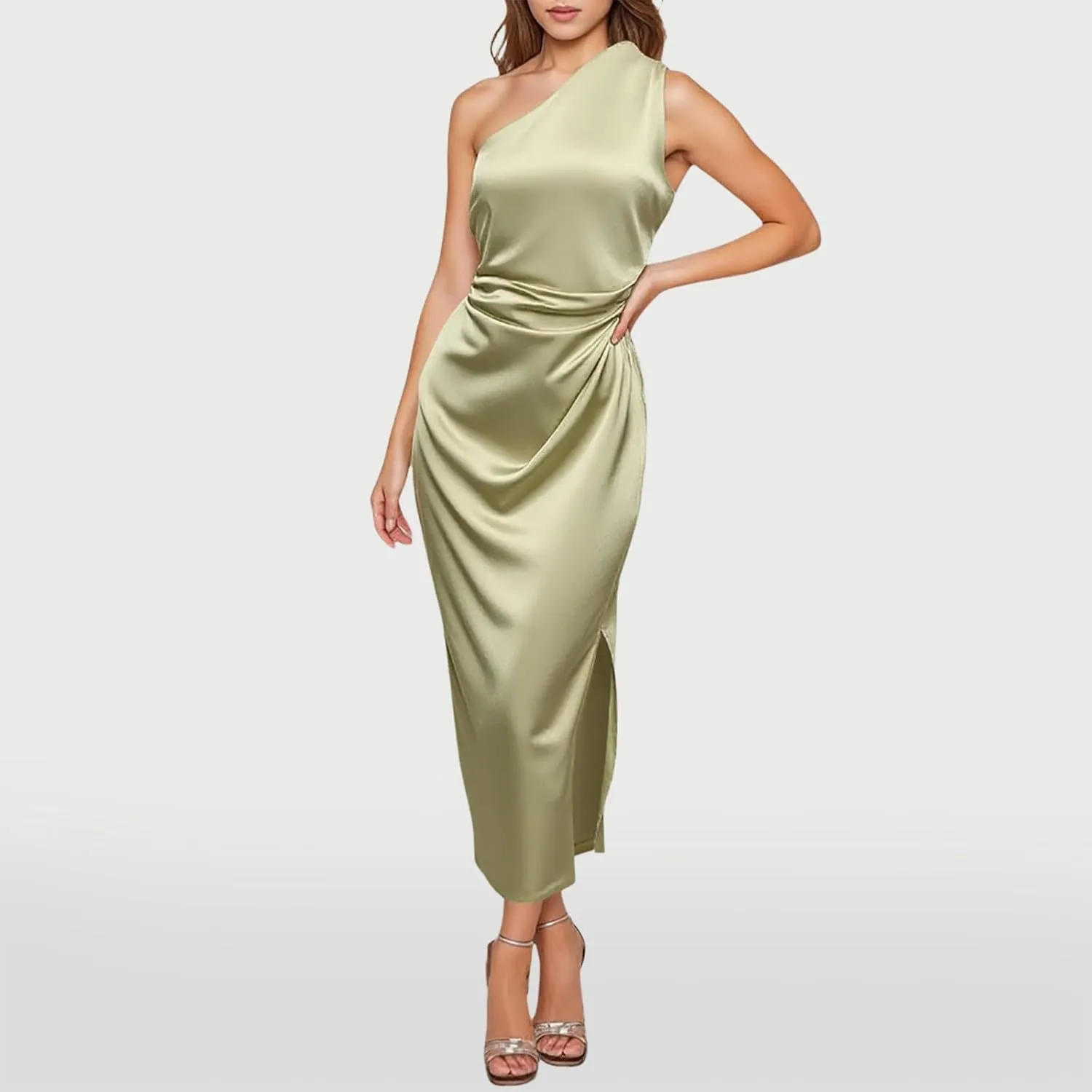 Women's Temperament Slim Fit One Shoulder Style Slit Sexy Satin Dress Body Midi Dresses for Women