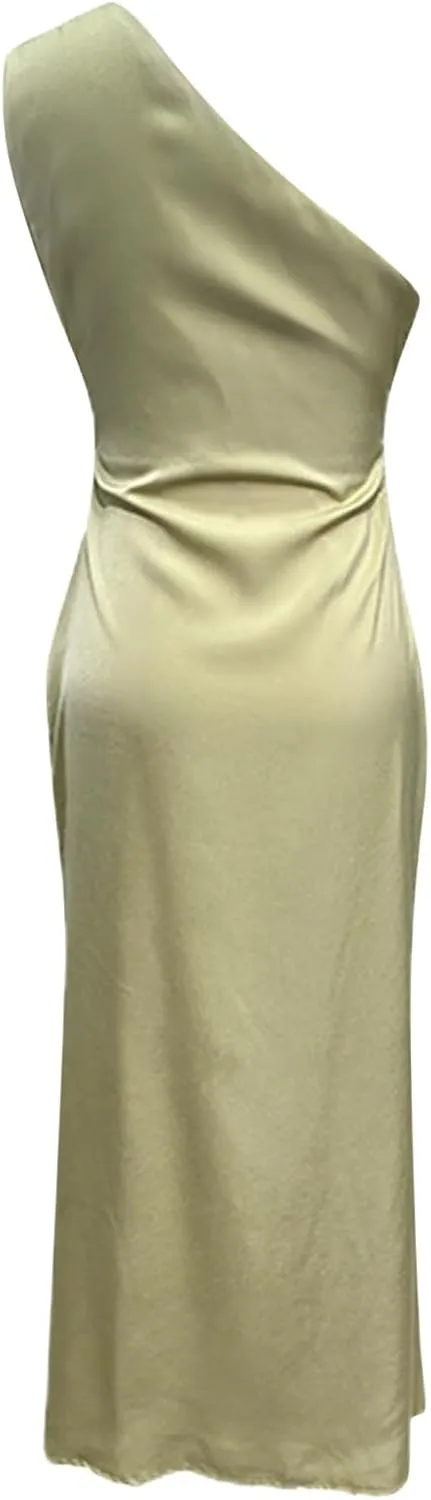 Women's Temperament Slim Fit One Shoulder Style Slit Sexy Satin Dress Body Midi Dresses for Women