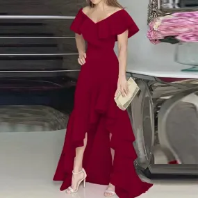 Womens V Neck Party Flowy Ruffle Irregular Long Dress L B-60214