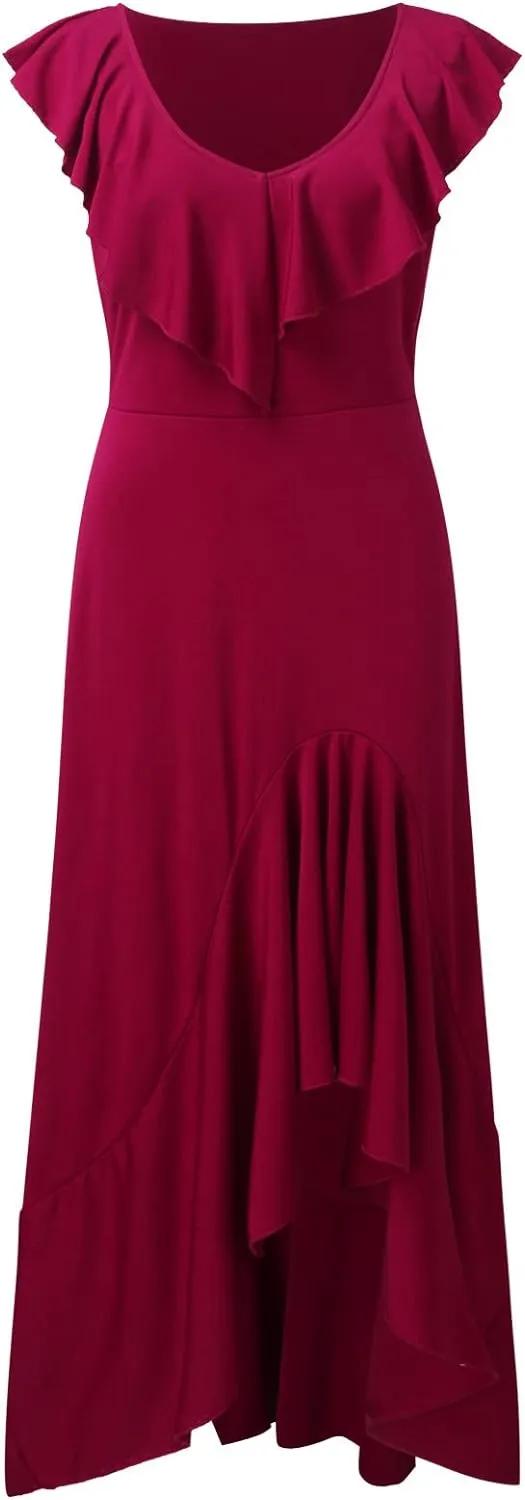Womens V Neck Party Flowy Ruffle Irregular Long Dress L B-60214