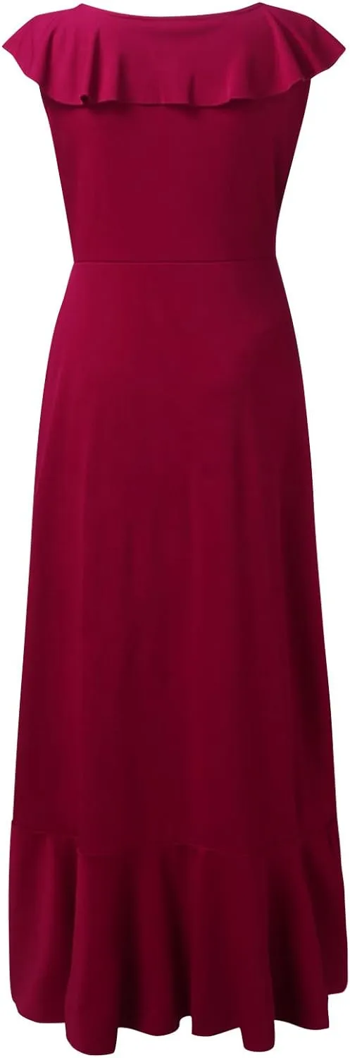 Womens V Neck Party Flowy Ruffle Irregular Long Dress L B-60214