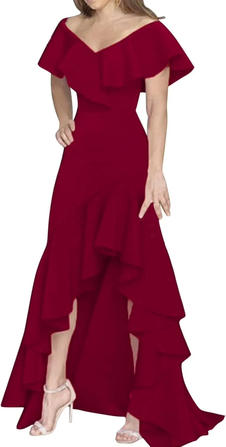 Womens V Neck Party Flowy Ruffle Irregular Long Dress L B-60214