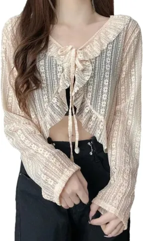 Women's V-Neck Ruffled Lace Patchwork Short Beach Long-Sleeved Top